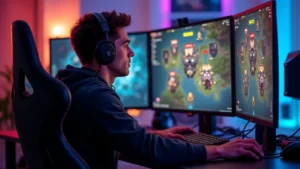 Professional esports player intensely focused on RTS strategy game screen showing technology tree interface with glowing upgrade icons and resource counters, warm gaming room lighting