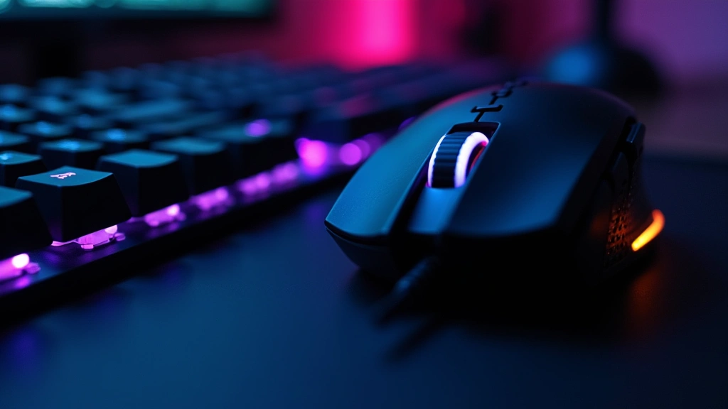 Detailed macro photography of mechanical gaming mouse and mechanical keyboard RGB switches with blue and purple backlighting on dark desk surface