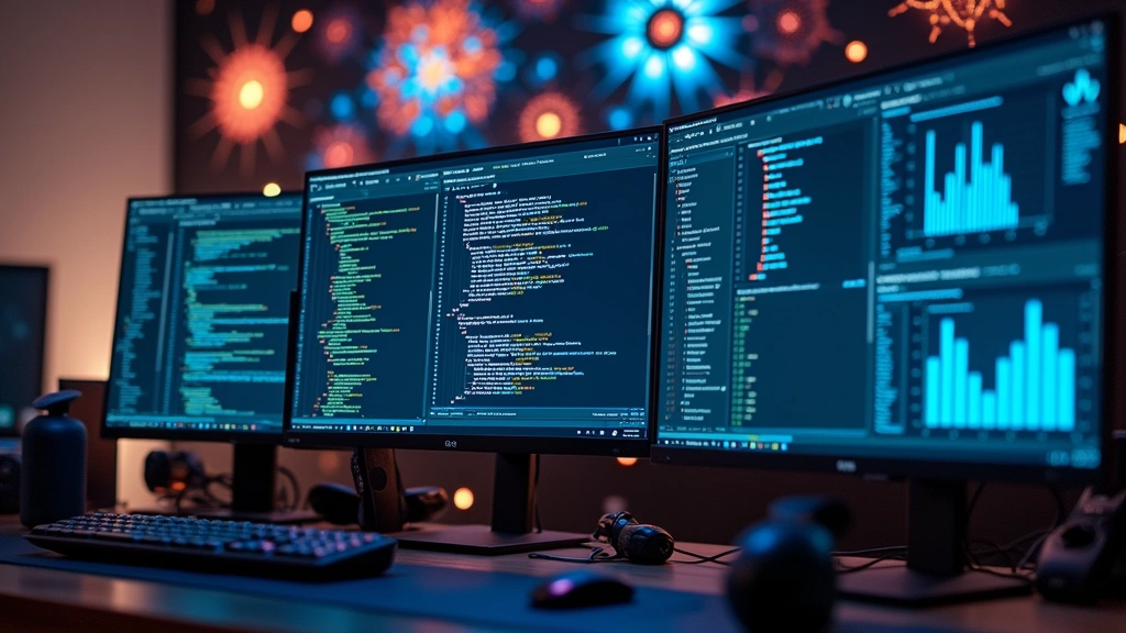 Modern developer workspace with multiple monitors displaying Python code, machine learning frameworks, and data visualizations with AI-generated patterns in the background, professional tech environment