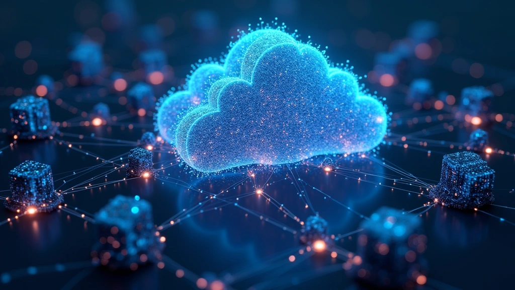 Cloud computing infrastructure visualization showing interconnected data centers, neural network nodes, and glowing data streams representing distributed AI model training and processing