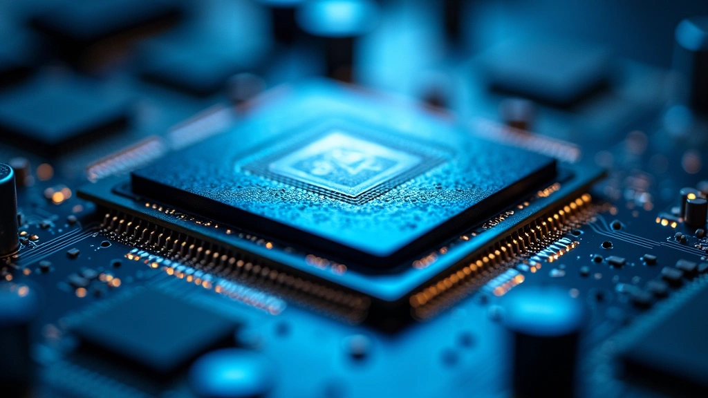 High-performance GPU chip close-up with intricate circuitry patterns and circuit board connections, vibrant blue and silver metallic surfaces, professional product photography lighting, shallow depth of field