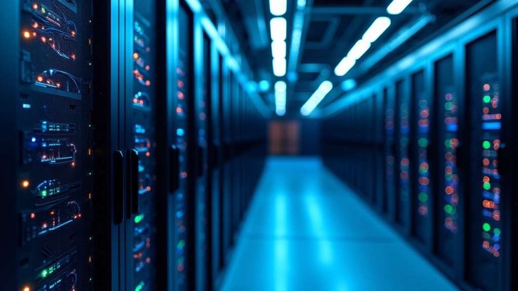 Modern data center server racks with glowing LED indicators and fiber optic cables, cool blue ambient lighting, rows of sophisticated computing equipment, professional technology infrastructure