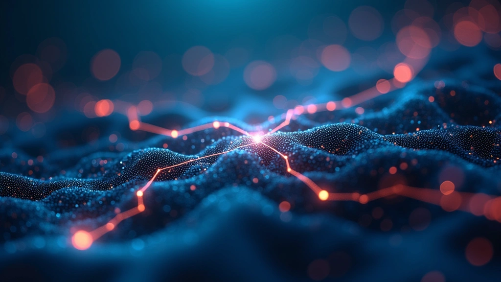 Abstract digital visualization of artificial intelligence neural network nodes connecting and pulsing with energy, flowing data streams, holographic appearance, technology landscape background