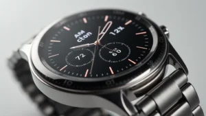 Close-up of polished stainless steel smartwatch face with AMOLED display showing health metrics, modern minimalist design, professional product photography, neutral background
