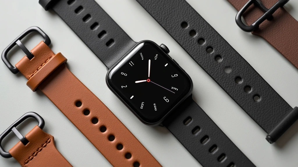 Flat lay composition of Aiken smartwatch with multiple interchangeable 20mm bands in various materials and colors, arranged artistically, showing ecosystem flexibility and customization options