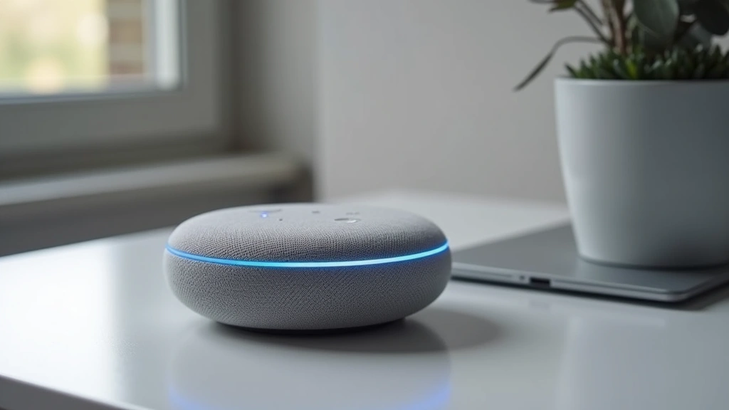 Close-up of sleek AI-powered smart speaker with minimalist design, soft LED indicators glowing, professional studio lighting on white surface