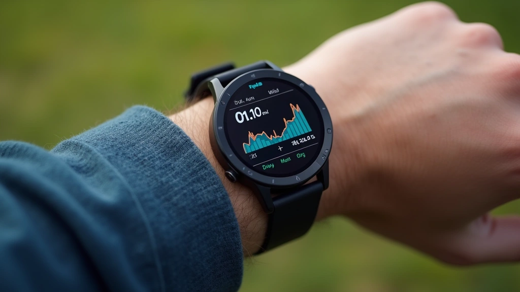 High-tech wearable smartwatch display showing health metrics and biometric data, worn on wrist, natural daylight background