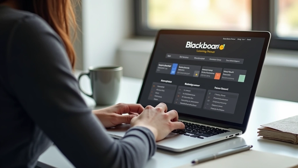 Student using laptop with Blackboard learning management system interface displayed on monitor, modern desk setup with notebook and coffee mug, natural window lighting in background