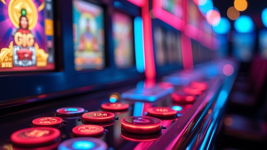 Modern gaming machine display showing vibrant slot game interface with glowing buttons and HD screen, realistic lighting, no text visible, sleek metallic design