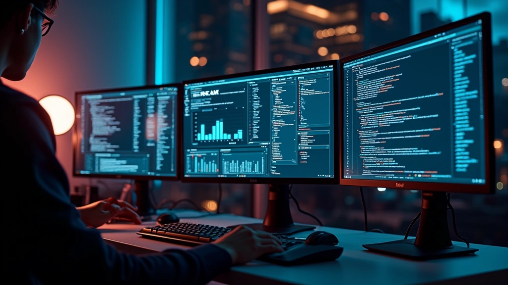 Software developer workspace with multiple monitors displaying gaming analytics dashboards and code, professional tech environment, realistic lighting, no code visible on screens