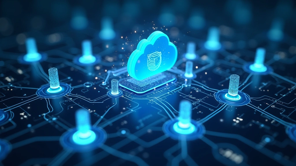 Cloud infrastructure visualization with interconnected servers and data flow, technology network concept, photorealistic rendering, abstract digital elements, no text overlays