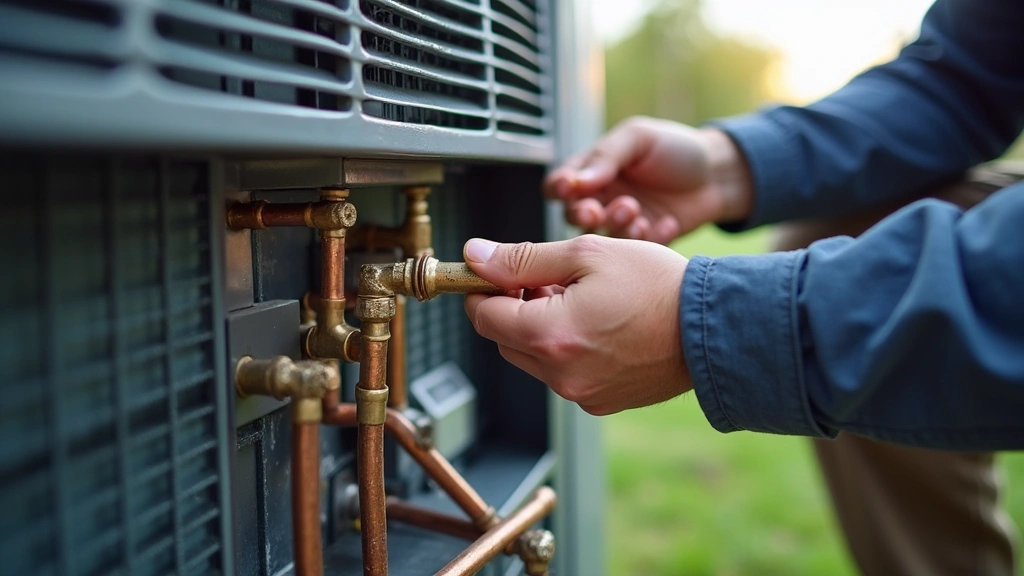 Close-up of technician hands installing copper refrigerant lines into modern split-system air conditioning condenser unit