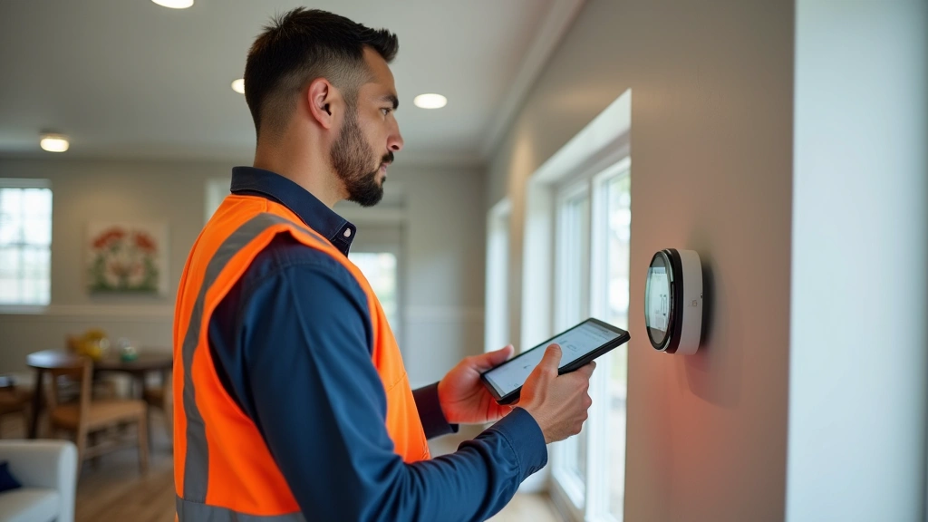 Senior HVAC technician in work vest using tablet computer checking smart thermostat diagnostics on residential air conditioning system