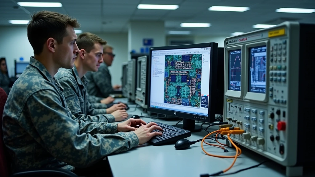 Military airmen in a modern electronics laboratory with oscilloscopes, circuit boards, and testing equipment. Professional technicians wearing Air Force uniforms working at workbenches with advanced measurement instruments and computers displaying technical diagrams.