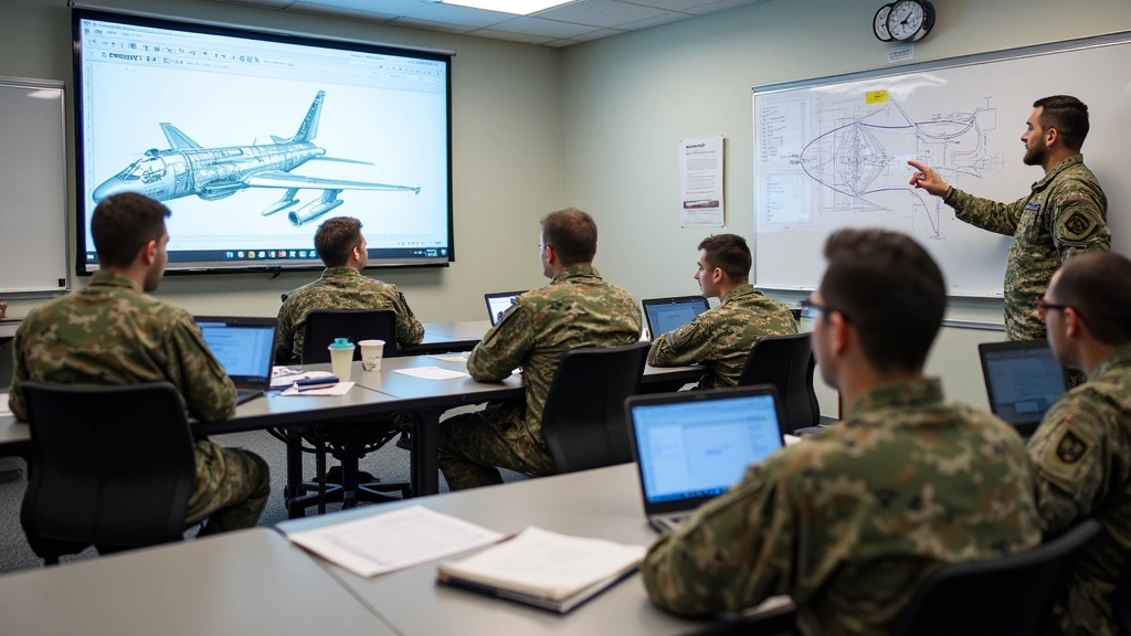 Classroom setting with Air Force technical training students seated at desks with laptops and technical manuals. Instructor at whiteboard explaining aerospace systems with diagrams and schematics visible. Bright, modern military training facility with contemporary educational technology.