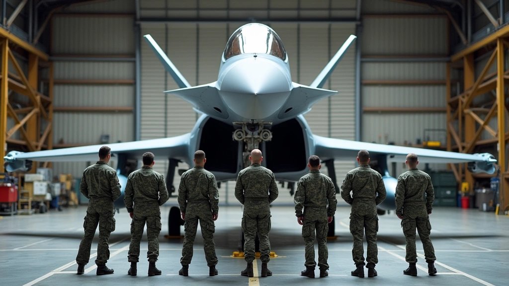 Group of Air Force airmen in uniform standing in front of advanced aircraft in a maintenance hangar. Technicians inspecting and servicing military jet engines, landing gear, and fuselage components. Professional military technical training environment with sophisticated aerospace equipment.
