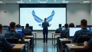 Modern Air Force classroom with trainees at computer workstations, instructor in uniform at whiteboard, contemporary military training facility interior