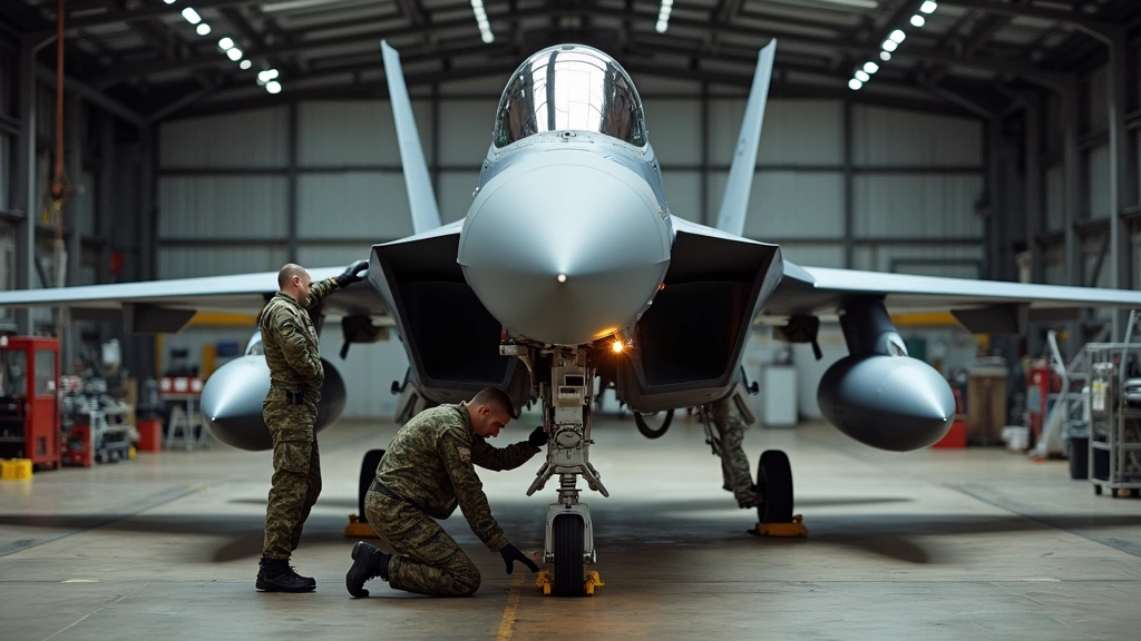 Aircraft maintenance hangar with F-15 or similar fighter jet, uniformed technician working on landing gear assembly, professional military training environment