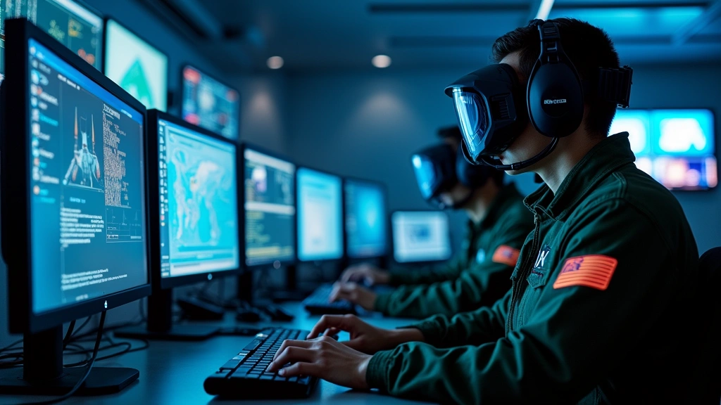 Cyber operations training center with multiple monitor setups, trainees in flight suits at computer stations, secure military facility lighting and equipment