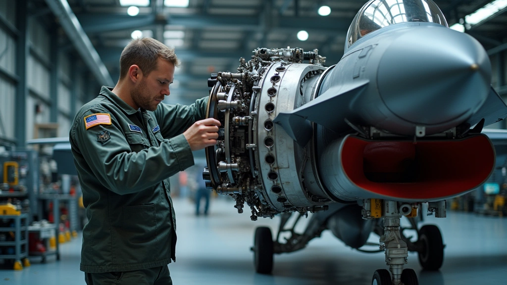 Modern military aircraft maintenance technician working on F-16 fighter jet engine in well-lit hangar facility with precision tools and diagnostic equipment visible
