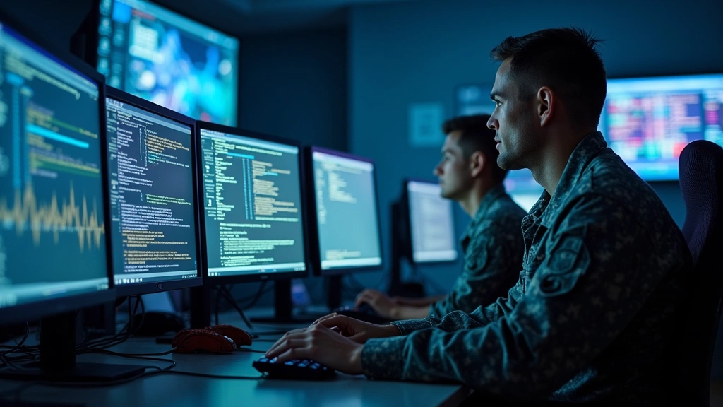 Air Force personnel in cybersecurity operations center monitoring network security systems on multiple high-resolution displays with advanced threat detection interfaces