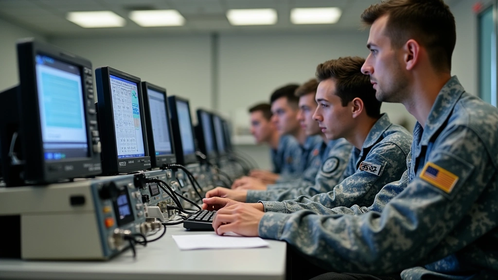 Group of Air Force technical students in classroom laboratory environment with electronics workstations, oscilloscopes, and circuit testing equipment during hands-on training session
