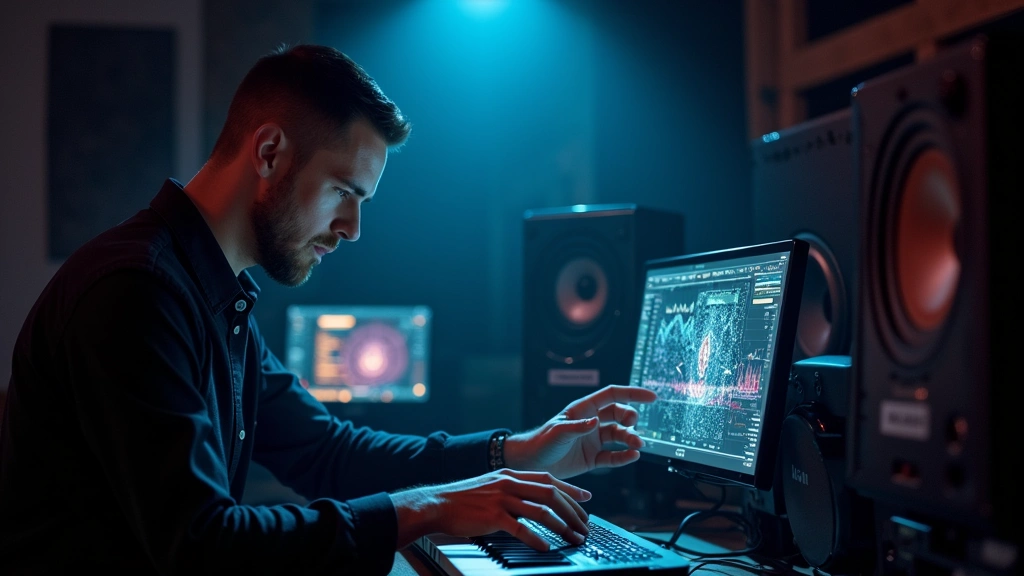Professional musician performing with hand gestures controlling digital audio interface, motion capture sensors visible in studio environment, dramatic lighting showing hand tracking visualization
