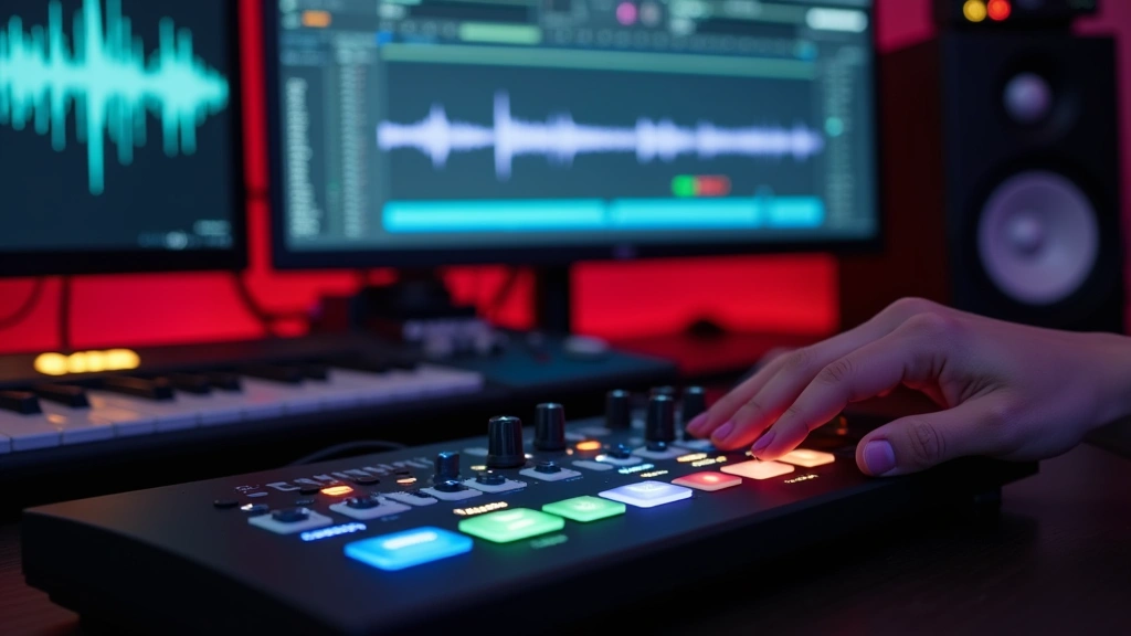 Close-up of gesture controller device with LED indicators, wireless connectivity symbols, surrounded by modern music production equipment and computer monitors displaying waveforms