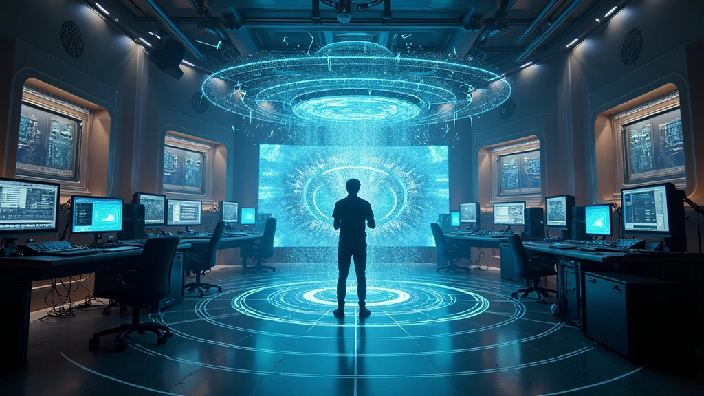 Futuristic music studio with multiple gesture sensing arrays, performer in center with visible motion tracking points, holographic audio visualization in air, professional recording environment