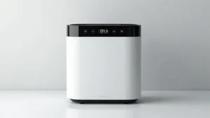 High-end air purifier with digital display showing air quality metrics, sleek modern design, white and black finish, photorealistic product photography, clean minimal background, professional lighting highlighting filter technology and smart controls