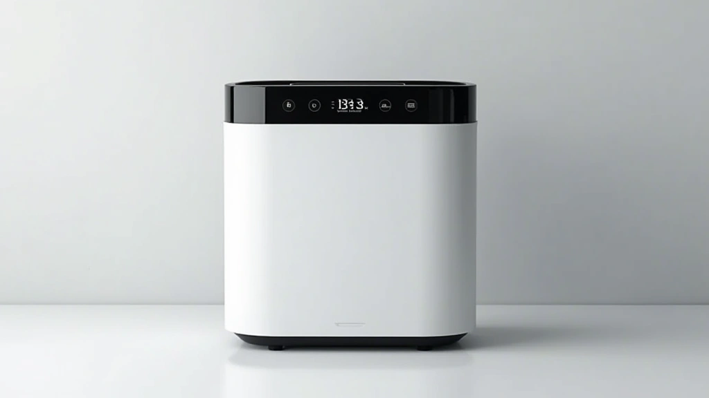 High-end air purifier with digital display showing air quality metrics, sleek modern design, white and black finish, photorealistic product photography, clean minimal background, professional lighting highlighting filter technology and smart controls
