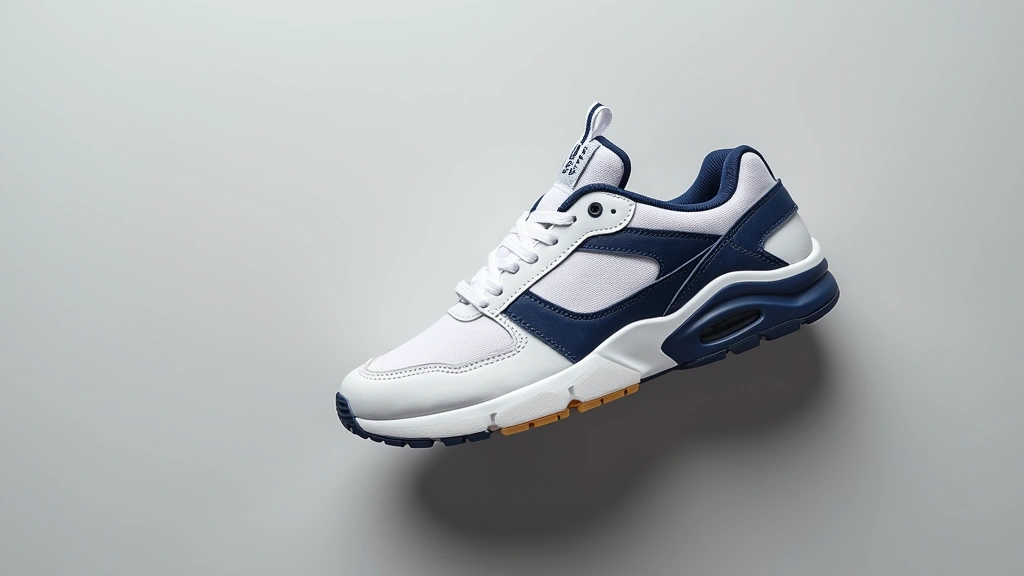Professional overhead shot of white and navy Air Tech Challenge 2 sneaker on minimalist gray background, showing detailed upper construction and side profile silhouette, photorealistic product photography