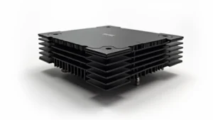 Premium aluminum thermal cooling device with matte black finish and strategically placed cooling fins, professional product photography on white background, high-end tech gadget detail shot