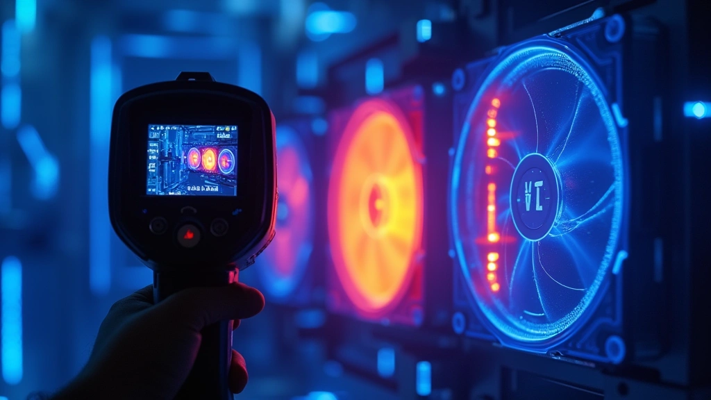 Thermal imaging camera showing temperature distribution across advanced cooling system with blue and red heat gradient visualization, technical performance demonstration