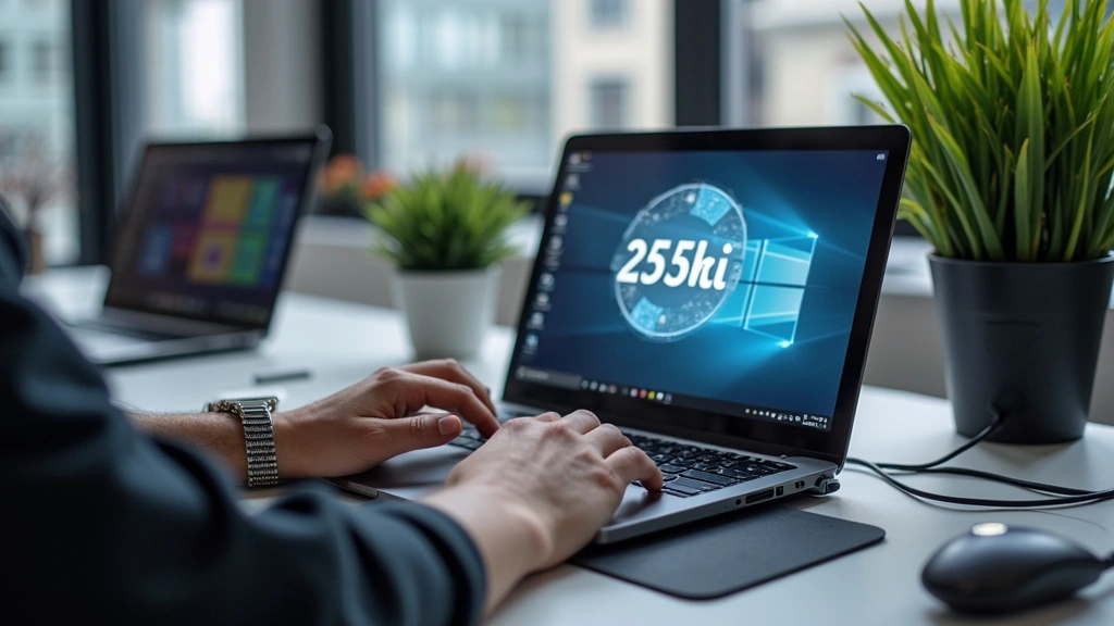 User setting up Air Tech Challenge 2 device on desktop workspace with laptop and peripherals nearby, hands-on installation in modern office environment, practical tech setup