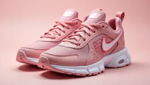 Close-up of Air Tech Challenge 2 Racer Pink sneaker showing mesh upper texture and synthetic overlays, photorealistic product photography on neutral background