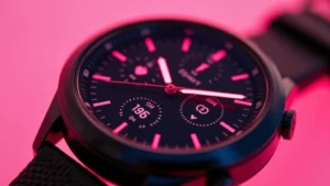 Close-up of Racer Pink smartwatch face showing vibrant AMOLED display with fitness metrics, heart rate icon visible, premium aluminum case with clean bezels, professional studio lighting