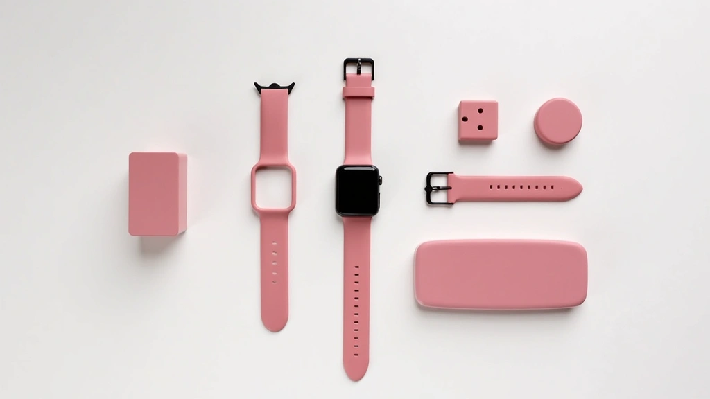 Flatlay arrangement of Racer Pink smartwatch with interchangeable straps, charging dock, and accessories on minimalist white surface, showing device from multiple angles and color accuracy