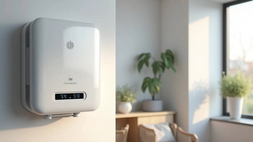 Modern home ventilation system with smart sensors and digital controls, minimalist wall-mounted design, contemporary interior setting showing fresh air intake, professional product photography, clean aesthetic, photorealistic rendering