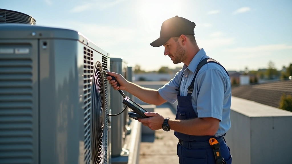 Professional HVAC technician in uniform checking air conditioning unit on residential rooftop during bright sunny day, holding diagnostic equipment, detailed focus on system components and tools