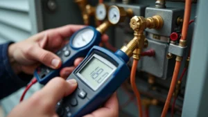 Close-up of HVAC technician's hands using digital multimeter and refrigerant gauges to test air conditioning system copper lines and electrical connections