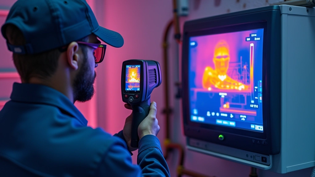 Professional HVAC technician using thermal imaging camera to diagnose air conditioning unit performance and identify efficiency problems in residential installation