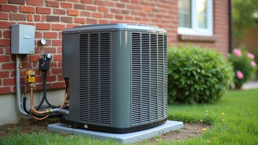 Modern residential HVAC outdoor unit with copper refrigerant lines, electrical connections, and pressure gauges installed on concrete pad beside brick home