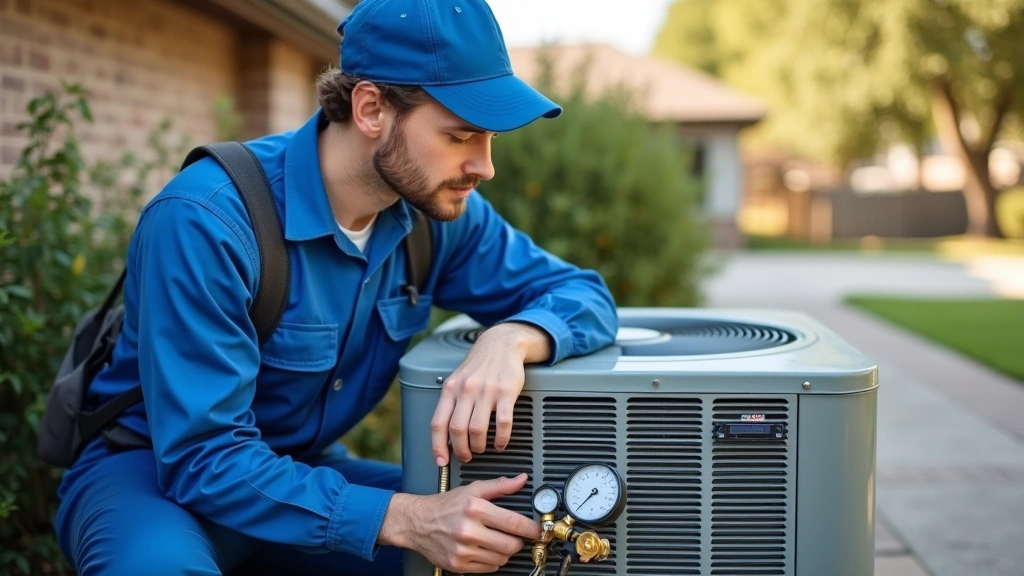 Professional HVAC technician in blue uniform checking outdoor air conditioning unit with digital gauges and refrigerant tools, sunny Houston suburban driveway background, metal AC compressor visible