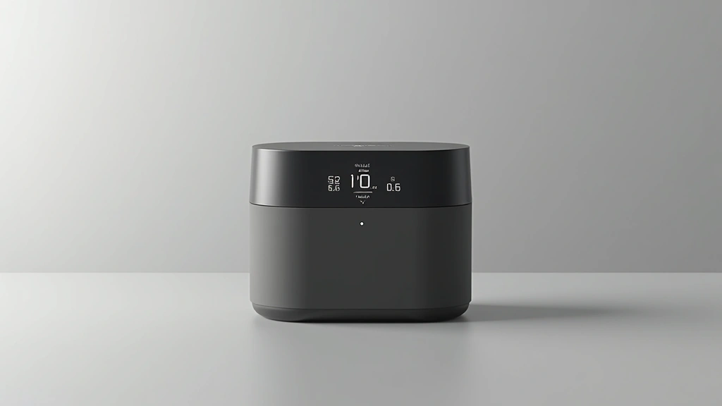 Modern sleek air quality monitor device with OLED display showing real-time AQI readings, minimalist cylindrical design in graphite finish, photorealistic product photography on neutral background