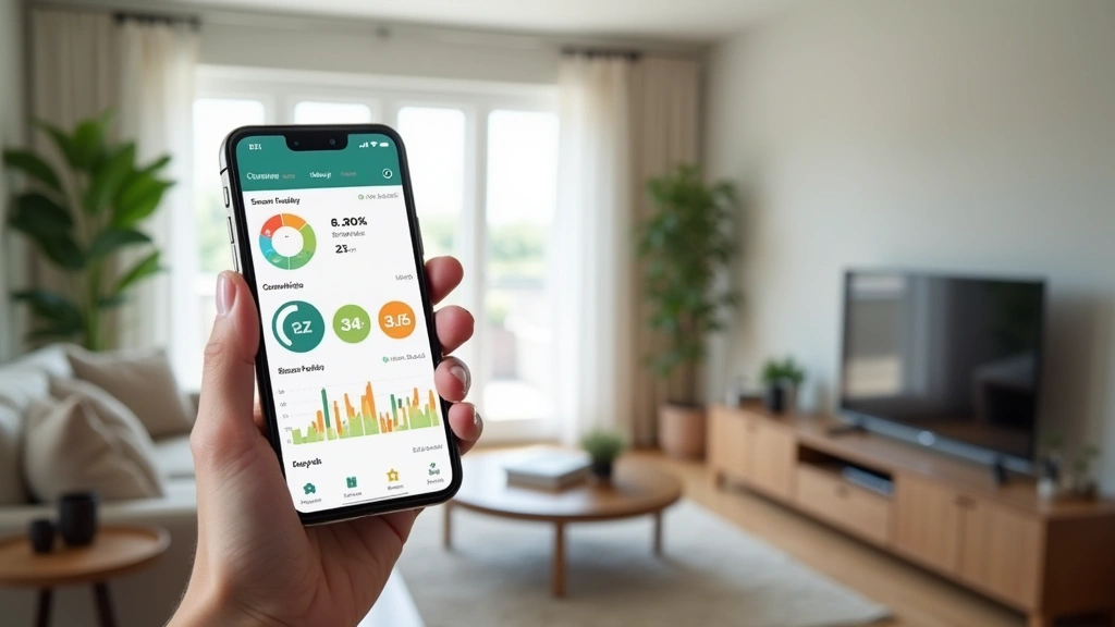 Smart home dashboard displaying air quality data visualization graphs and trending analytics on mobile phone screen connected to air monitoring system in contemporary living room environment