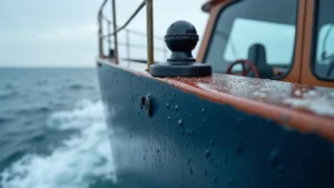 Close-up of marine depth sounder transducer mounted on boat hull, water droplets visible, professional maritime equipment photography