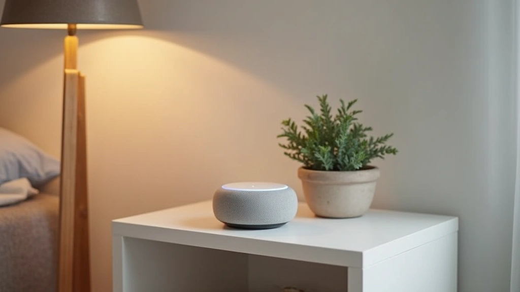 Modern smart home hub with voice assistant speaker on sleek white table, minimalist aesthetic, warm ambient lighting