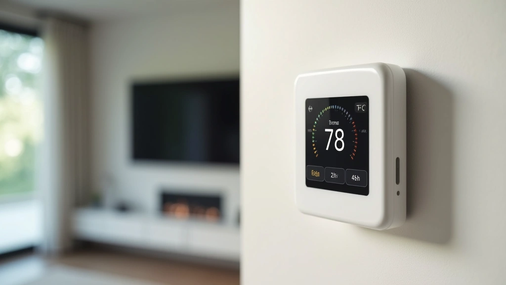 Intelligent thermostat display mounted on wall showing temperature control interface, modern home interior background, natural daylight