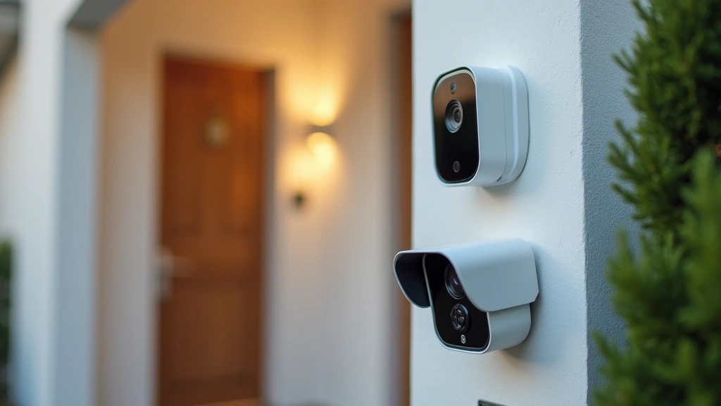 Smart home security system components including video doorbell and outdoor camera, residential entryway, professional installation setup